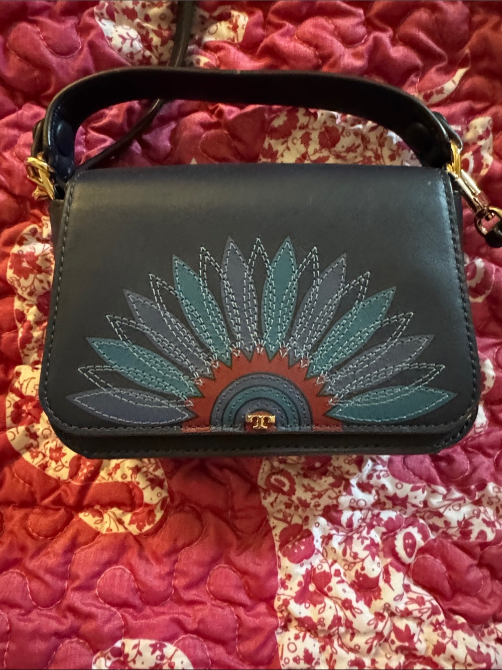 Tory Burch Black Mini Crossbody with Teal and Gray Sunburst - Picture 1 of 11